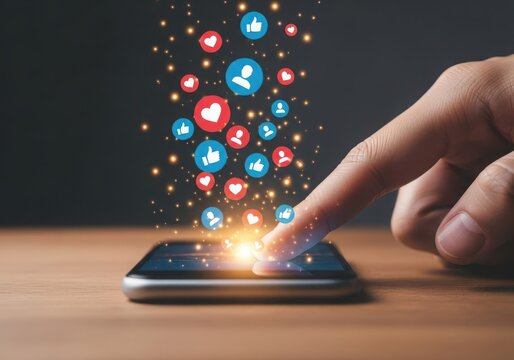 Hand touching smartphone screen social media icons light effects emerging