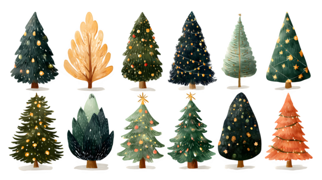 Decorative Christmas trees collection in hand-drawn style with lights and baubles isolated on white background
