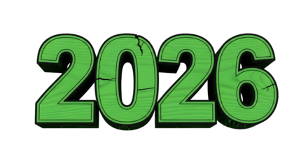 Green 2026 year with wood texture isolated on transparent background, future