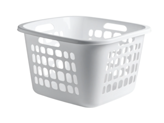 White plastic round laundry basket sits empty, lightweight, practical, minimal, perfect for home organization or laundry room storage on clean background.
