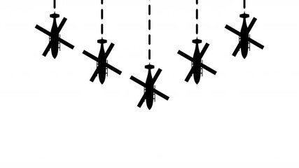 5 helicopter with dotted flight down path animation on white background. 4k video dashed line path route animation