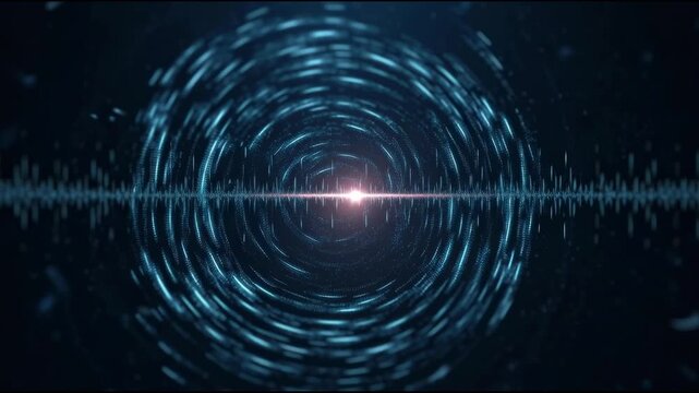 Futuristic ai language learning app interface featuring glowing circular sound wave, digital energy, and audio visualization dark abstract background