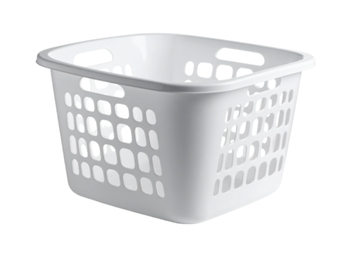 White plastic round laundry basket sits empty, lightweight, practical, minimal, perfect for home organization or laundry room storage on clean background.
