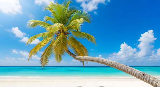 Vibrant tropical palm tree leaning over a pristine white sand beach and turquoise ocean under a bright blue sky with fluffy clouds