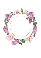 Card template with round golden frame, purple irises, green leaves, pink roses and butterflies. Watercolor illustration hand drawn in botanical style. For the design of invitations, wedding printing.