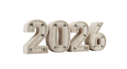 The year 2026 in white wood with metal rivets  isolated on transparent background