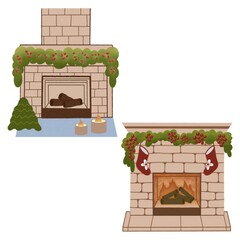 Set of Christmas fireplace with red hearts and cute socks decoration element for holiday.
