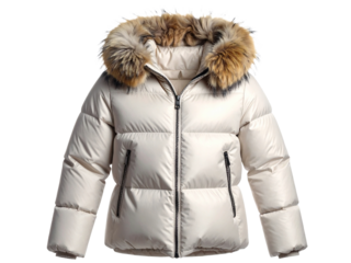 Warm puffer coat fur hood. Cozy winter outerwear, soft beige color, insulated for cold weather, stylish and practical for everyday wear.