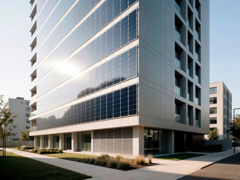Modern building facade with building-integrated solar panels reflecting the sun.