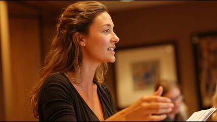 Passionate woman speaking about debt crisis solutions with emotion in warm indoor office setting, discussing crisis and expressing focused emotion