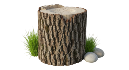 Tree stump with grass and stones on black background