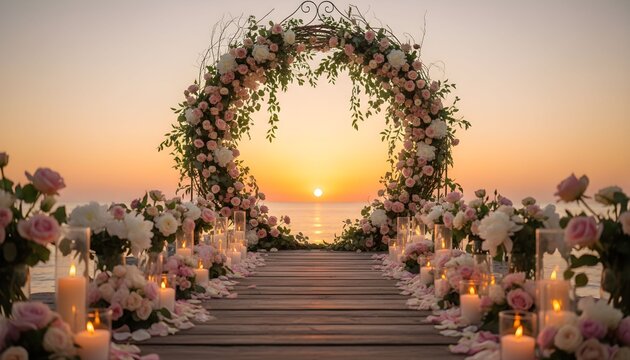 A beautiful wedding arch decorated with flowers and candles on a wooden pier at sunset.