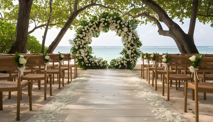 Fototapeta premium Beach wedding setup with floral arch and wooden chairs.
