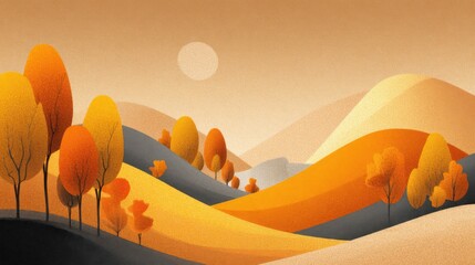 A stylized autumn landscape with rolling hills and orange, yellow, and red trees under a pale sky.