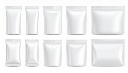 Set of realistic pouch mockups. White flow pack, sugar stick, sachet, zip bag and doy 