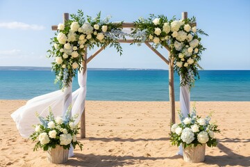 A beautiful wedding arch adorned with white flowers and greenery on a sandy beach with the blue ocean in the background.