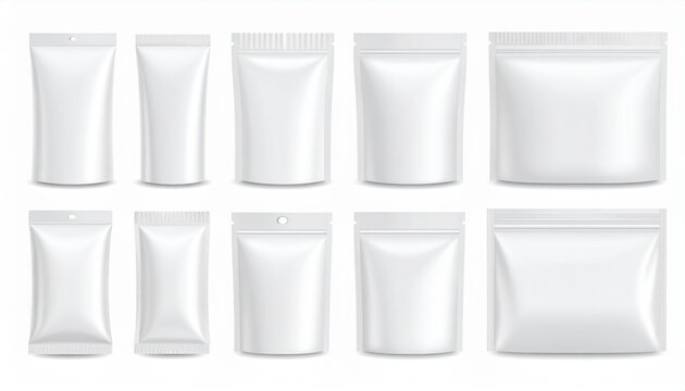 Set of realistic pouch mockups. White flow pack, sugar stick, sachet, zip bag and doy 