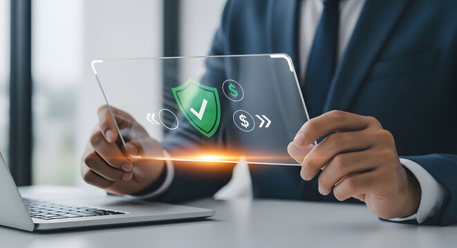 Businessman holding futuristic transparent screen with digital security shield and checkmark