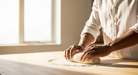 Man rolling dough on wooden table with flour in kitchen sunlight
