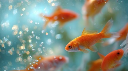 Colorful goldfish swimming in clear water with bubbles rising above them