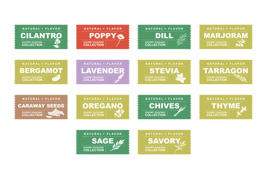 Spices and herbs stickers and labels. Different color packaging for food preparing and culinary. Bags with herbs. Cilantro, poppy, dill, marjoram, bergamot organic product for selling vector set.