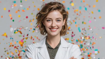 Cheerful scientist celebrating a significant achievement with colorful confetti in a bright setting - Powered by Adobe
