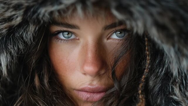 Woman with striking blue eyes wearing a fur hood stands outdoors, showcasing a natural and captivating beauty in wintery surroundings