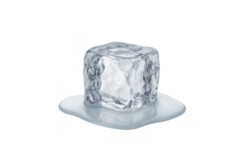 Ice cube melting, turning into water, illustrating freezing and thawing concepts with a transparent background