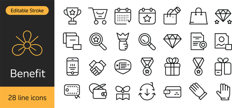 Modern benefit icons set with editable stroke, achievement, reward, and loyalty program vector illustrations for marketing, business, and customer engagement
