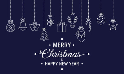 elegant christmas and new year vector design with hanging ornaments in white on dark blue perfect for holiday cards and posters