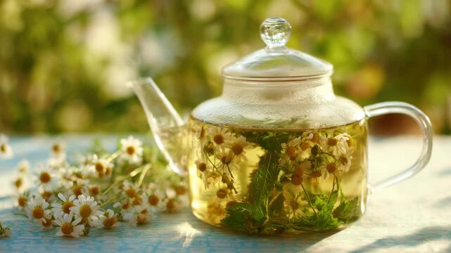 Enjoying fragrant herbal tea in a sunny garden with fresh flowers and steam rising from a glass teapot
