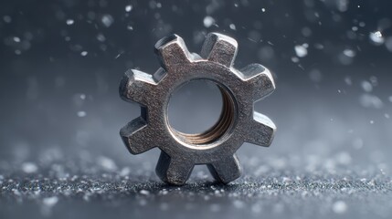 Close-up of a metal gear nut on a textured surface with a blurred background