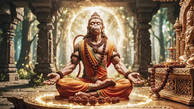 Lord Hanuman Meditating in a Serene Temple Setting with Divine Light.