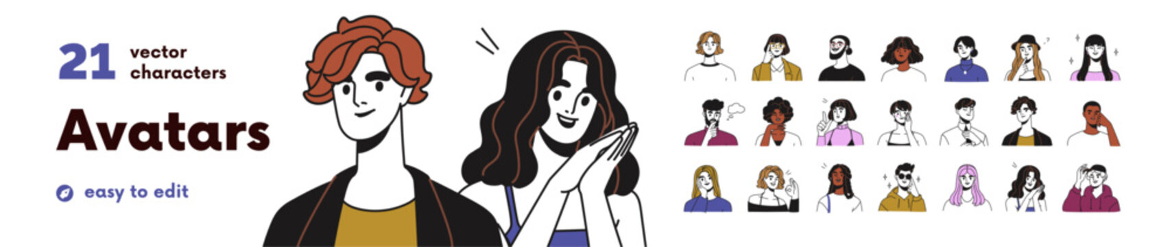 Happy young people avatars with thinking face expressions set. Line character heads, thoughtful men and women. Smiling girls and guys portraits. Flat vector illustrations isolated on white background