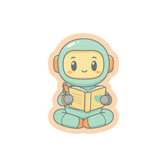 Cute Cartoon Robot Reading a Book While Sitting Cross-Legged.