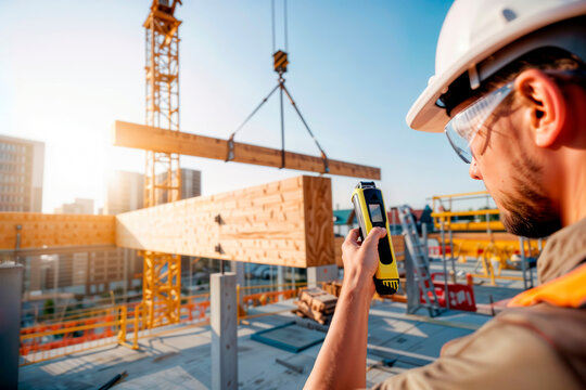 Engineer with remote control operating a crane lifting a wooden beam on a building site.