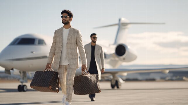 a stylish man walking near to a white private jet - Powered by Adobe