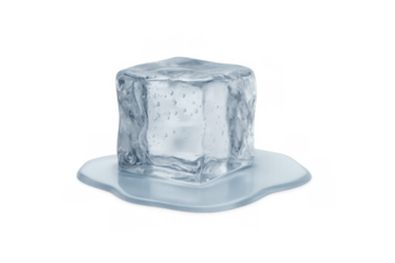 Ice cube melting on transparent background creating clear water puddle, symbolizing freshness, coolness, and defrosting