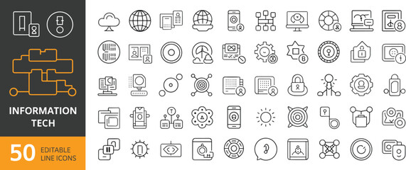 Editable stroke information tech line icons collection, vector technology, security, cloud, networking, data, communication, web, artificial intelligence, privacy