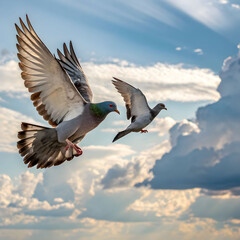 Obraz premium twin pigeons flying in air
