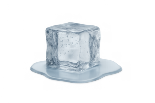 Ice cube melting on transparent background creating clear water puddle, symbolizing freshness, coolness, and defrosting
