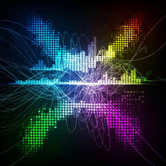 Obraz premium Colorful digital equalizer graphic with abstract lines and pixelated design on black background.
