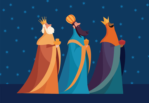 Three Wise Men Vector Illustration on Dark Blue Starry Background. - Powered by Adobe