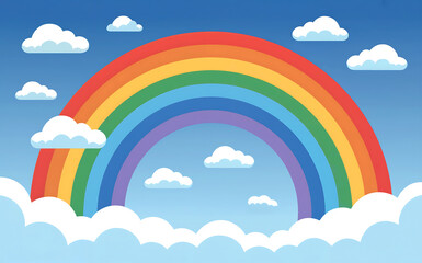 Vibrant rainbow arching across a clear blue sky with fluffy white clouds, symbolizing hope, luck, and a new beginning