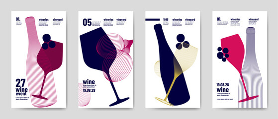 Design templates with wine elements for banners, posters, flyers and ads. Minimalist style with silhouettes of wine symbols. Vector illustration.