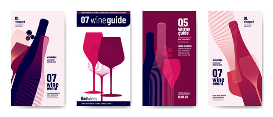 Design templates with wine elements for banners, posters, flyers and ads. Minimalist style with silhouettes of wine symbols. Vector illustration.