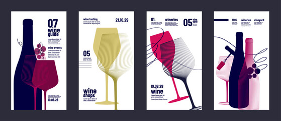 Design templates with wine elements for banners, posters, flyers and ads. Minimalist style with silhouettes of wine symbols. Vector illustration.
