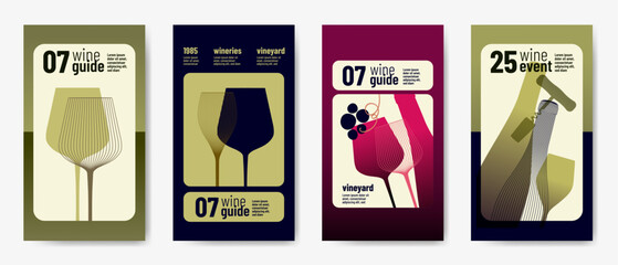 Design templates with wine elements for banners, posters, flyers and ads. Minimalist style with silhouettes of wine symbols. Vector illustration.