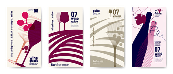 Design templates with wine elements for banners, posters, flyers and ads. Minimalist style with silhouettes of wine symbols. Vector illustration.