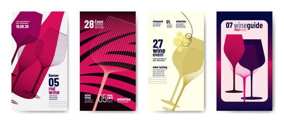 Design templates with wine elements for banners, posters, flyers and ads. Minimalist style with silhouettes of wine symbols. Vector illustration.